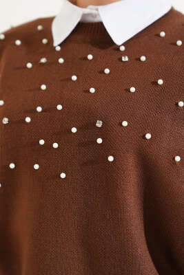 Önü İncili Triko Kısa Süveter Kahve - Thumbnail