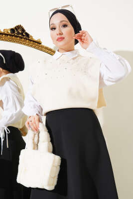 Önü İncili Triko Kısa Süveter Bej - Thumbnail