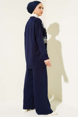 Çiçekli Taşlı Hırkalı Triko İkili Takım Lacivert - Thumbnail