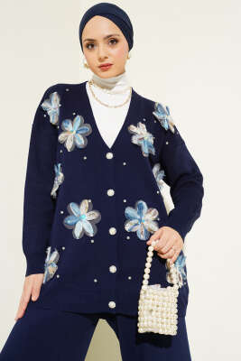 Çiçekli Taşlı Hırkalı Triko İkili Takım Lacivert - Thumbnail