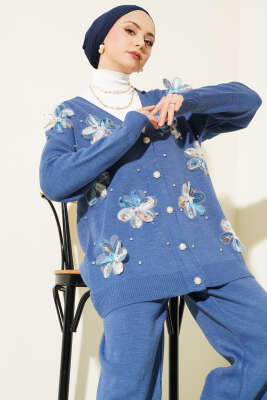 Çiçekli Taşlı Hırkalı Triko İkili Takım İndigo - Thumbnail