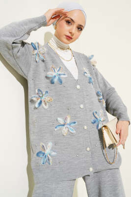 Çiçekli Taşlı Hırkalı Triko İkili Takım Gri - Thumbnail