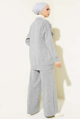 Çiçekli Taşlı Hırkalı Triko İkili Takım Gri - Thumbnail