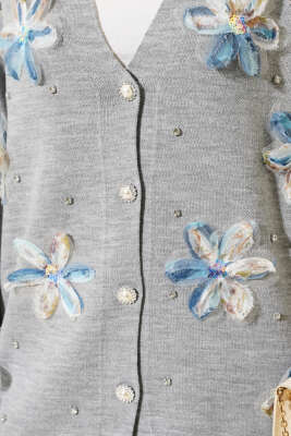 Çiçekli Taşlı Hırkalı Triko İkili Takım Gri - Thumbnail