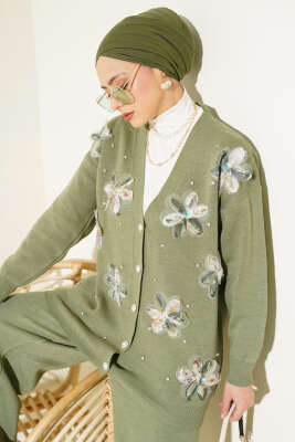 Çiçekli Taşlı Hırkalı Triko İkili Takım Çağla Yeşili - Thumbnail