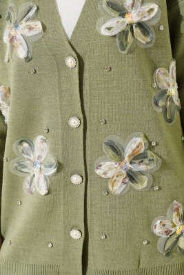 Çiçekli Taşlı Hırkalı Triko İkili Takım Çağla Yeşili - Thumbnail