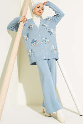 Çiçekli Taşlı Hırkalı Triko İkili Takım Bebe Mavi - Thumbnail