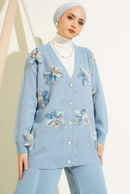 Çiçekli Taşlı Hırkalı Triko İkili Takım Bebe Mavi - Thumbnail