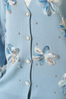 Çiçekli Taşlı Hırkalı Triko İkili Takım Bebe Mavi - Thumbnail