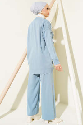 Çiçekli Taşlı Hırkalı Triko İkili Takım Bebe Mavi - Thumbnail