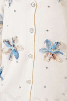 Çiçekli Taşlı Hırkalı Triko İkili Takım Bej - Thumbnail