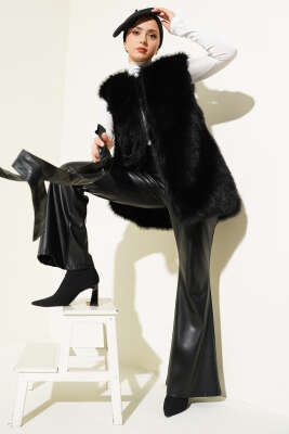 Pazarium - Lolita Peluş Kuşaklı Yelek Siyah