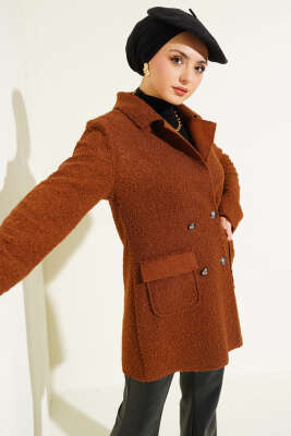 Pazarium - Düğmeli Kruvaze Yaka Buklet Ceket Kahve