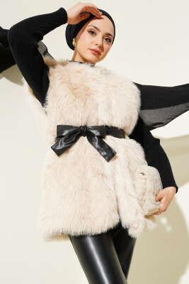 Pazarium - Lolita Peluş Kuşaklı Yelek Bej