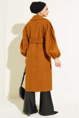 Balon Kol Kuşaklı Kaşe Kaban Hardal - Thumbnail