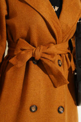 Balon Kol Kuşaklı Kaşe Kaban Hardal - Thumbnail