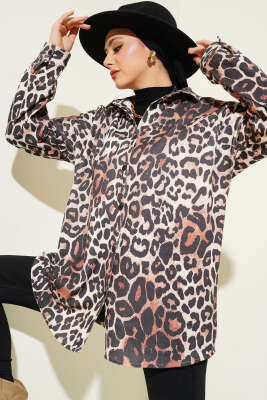 Leopar Desenli Salaş Gömlek Kahve - Thumbnail