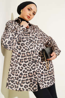 Leopar Desenli Salaş Gömlek Bej - Thumbnail