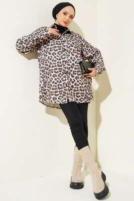 Leopar Desenli Salaş Gömlek Bej - Thumbnail