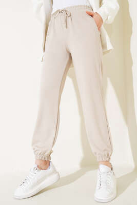 Pazarium - Bel İpli Paça Lastikli Jogger Pantolon Bej