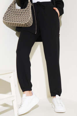 Pazarium - Bel İpli Paça Lastikli Jogger Pantolon Siyah