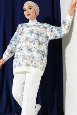 Tül Çiçekli Triko Tunik Bej - Thumbnail