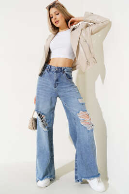 	 Çapraz Fermuarlı Kısa Deri Ceket Bej - Thumbnail