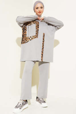 Pazarium - Leopar Garnili Fermuar Cepli İkili Takım Gri
