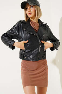 Çapraz Fermuarlı Kısa Deri Ceket Siyah - Thumbnail