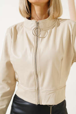 Fermualı Pensli Kısa Deri Ceket Taş - Thumbnail