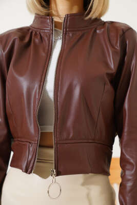 Fermualı Pensli Kısa Deri Ceket Taba - Thumbnail