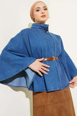 Pazarium - Dik Yaka Kemerli Kot Panço Kot Mavisi