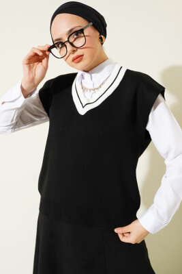 V Yaka Kısa Triko Süveter Siyah - Thumbnail