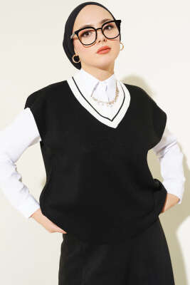 V Yaka Kısa Triko Süveter Siyah - Thumbnail