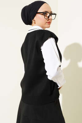 V Yaka Kısa Triko Süveter Siyah - Thumbnail