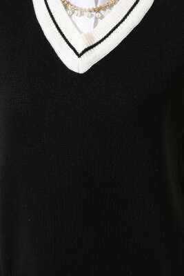 V Yaka Kısa Triko Süveter Siyah - Thumbnail