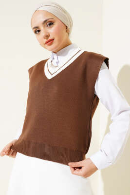 V Yaka Kısa Triko Süveter Kahve - Thumbnail