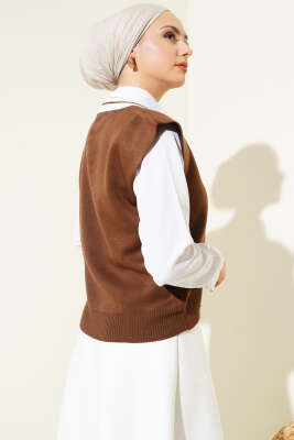 V Yaka Kısa Triko Süveter Kahve - Thumbnail