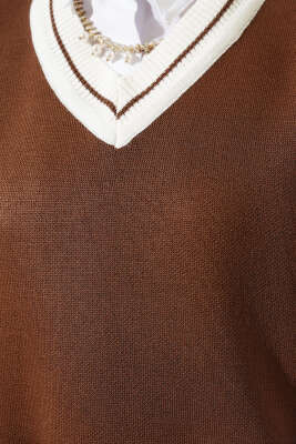 V Yaka Kısa Triko Süveter Kahve - Thumbnail