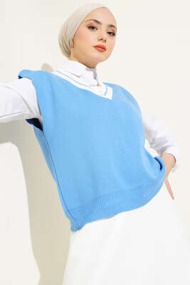 V Yaka Kısa Triko Süveter İndigo - Thumbnail