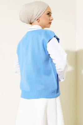 V Yaka Kısa Triko Süveter İndigo - Thumbnail