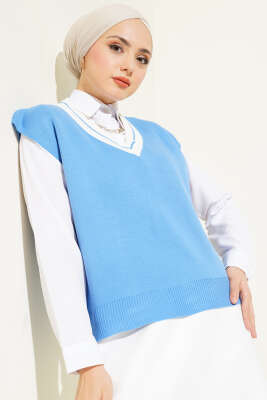 V Yaka Kısa Triko Süveter İndigo - Thumbnail