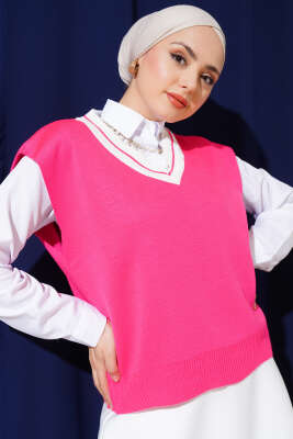 V Yaka Kısa Triko Süveter Fuşya - Thumbnail