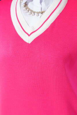V Yaka Kısa Triko Süveter Fuşya - Thumbnail