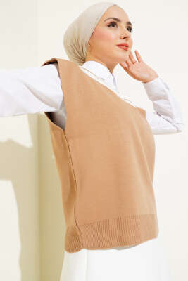 V Yaka Kısa Triko Süveter Büsküvi - Thumbnail