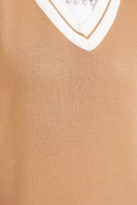 V Yaka Kısa Triko Süveter Büsküvi - Thumbnail