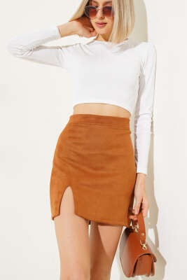 Yırtmaçlı Süet Mini Etek Taba - Thumbnail