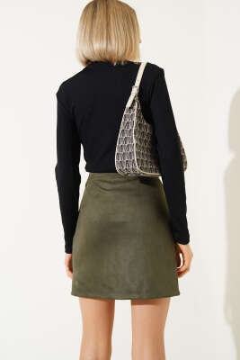 	 Yırtmaçlı Süet Mini Etek Haki - Thumbnail