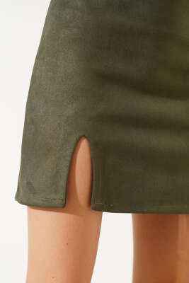 	 Yırtmaçlı Süet Mini Etek Haki - Thumbnail