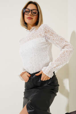 Gipeli Dantel Bluz Beyaz - Thumbnail